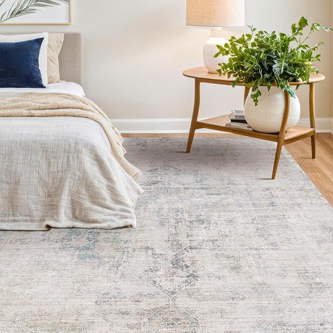 9x12 Washable Area Rug for Living Room, Large Light Blue Vintage Medallion Rug, Non Slip Low Pile Stain Resistant Carpet for Bedroom Dining Room, Soft Distressed Neutral Home Decor