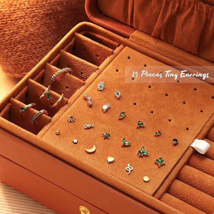 KRFY 25Pcs/17 Pairs Hypoallergenic Surgical Steel Earrings for Sensitive Ears 14K Gold Plated Flat Back Cartilage Earrings for Women Men Screw Back Flatback Stud Hoop Earring Set for Multiple Piercing