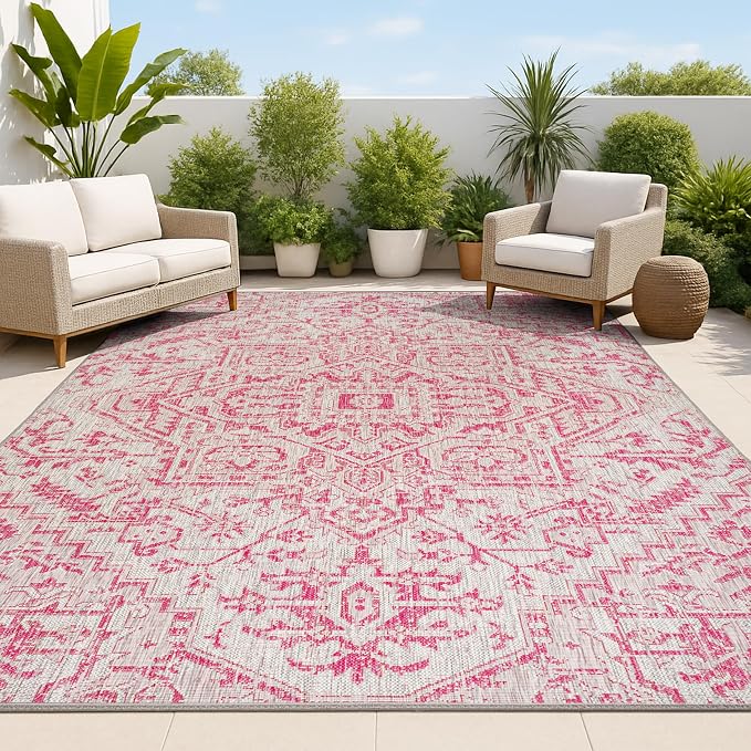 JONATHAN Y Boho Medallion Indoor Outdoor Area Rug 3X5 Light Gray/Fuchsia, Estrella Textured Weave for Backyard, Patio, Porch, Easy-Cleaning, High Traffic, Pet-Friendly, Non-Shedding (SMB105F-3)