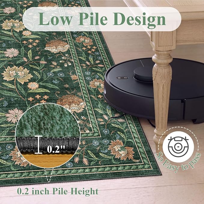 DUKINO 3x5 Rug, Washable Vintage Floral Bedroom Area Rug Non Slip, Green | Low Pile, Non-Shedding, Stain Resistant Boho Lightweight Soft Indoor Carpet for Bathroom Office Dining Living Room Farmhouse