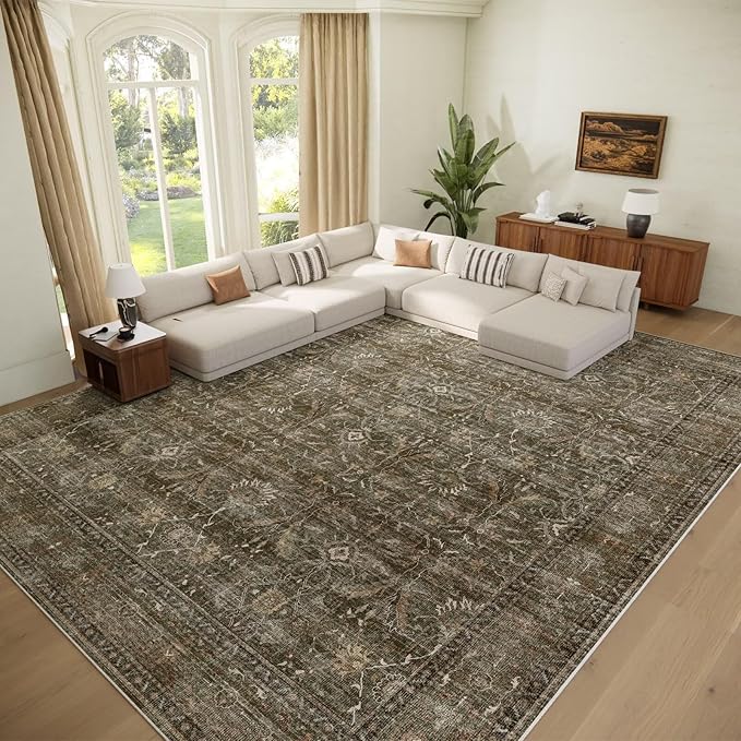 Boho Washable 10x14 Area Rugs for Living Room, Cushioned, Red/Brown | Vintage Non-slip Neutral Oriental Rugs for Bedroom Dining Room Nursery Office High Traffic Area