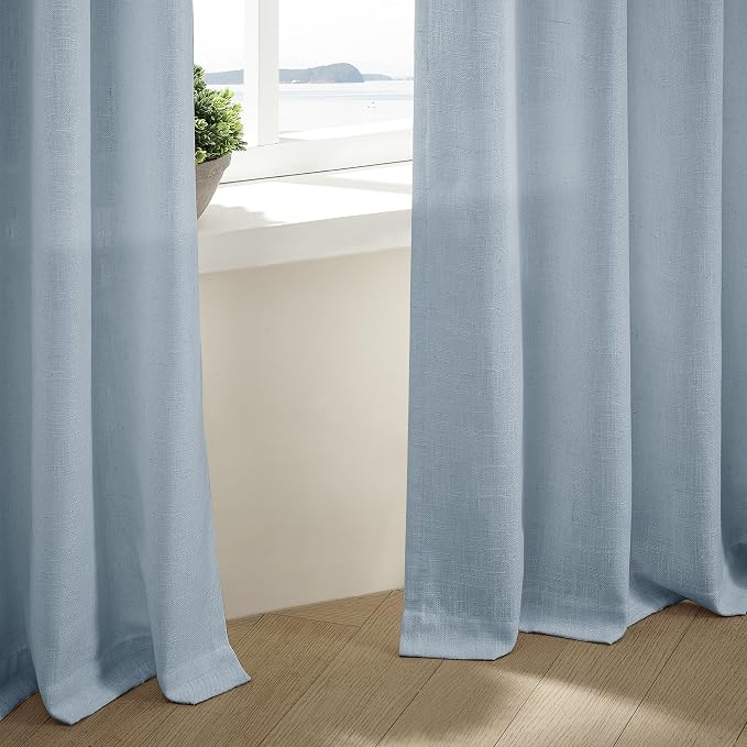 Dusty Blue Pinch Pleated Linen Semi Sheer Curtains 45 Inch Length 2 Panels | for Kitchen Small Bay Window Basement, Pinch Pleated with Hooks Rings Back Tab, Memory Shape, Thick Linen Semi Sheer, W40xL45