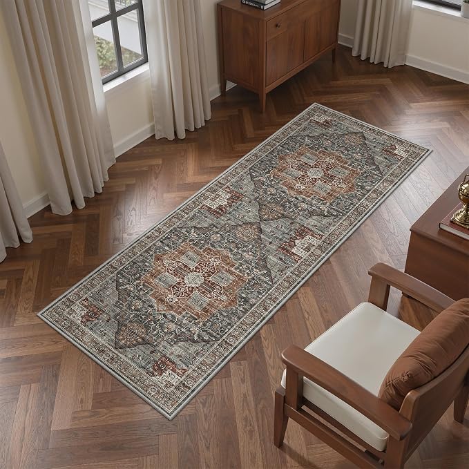 Roxstand 2x6 Washable Runner Rug, Non Slip Hallway Rugs Grey/Brown/Tan | Low Pile Vintage Rug, Stain Resistant, Distressed Runner Rugs for Entryay, Living Room, Bedroom Kitchen Laundry