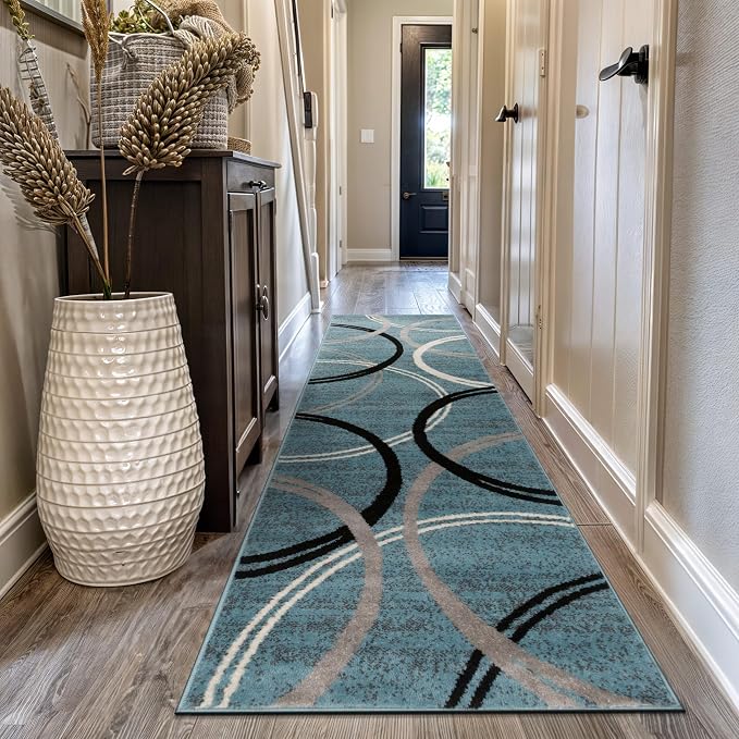 Rugshop Wavy Circles Modern Jute Backing Runner Rug Blue 2'7" x 10'