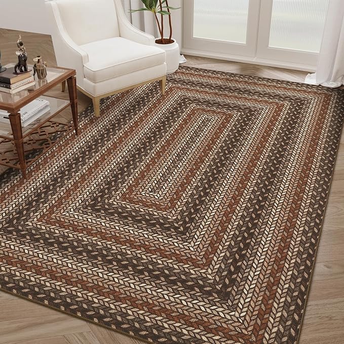 GarveeHome 5x7 Washable Rug for Bedroom Braided Easy Jute Living Room Rugs | Non Slip Modern Neutral Bordered Stain Resistant Indoor Throw Carpet for Nursery Kitchen Dining Room Entryway, Tan