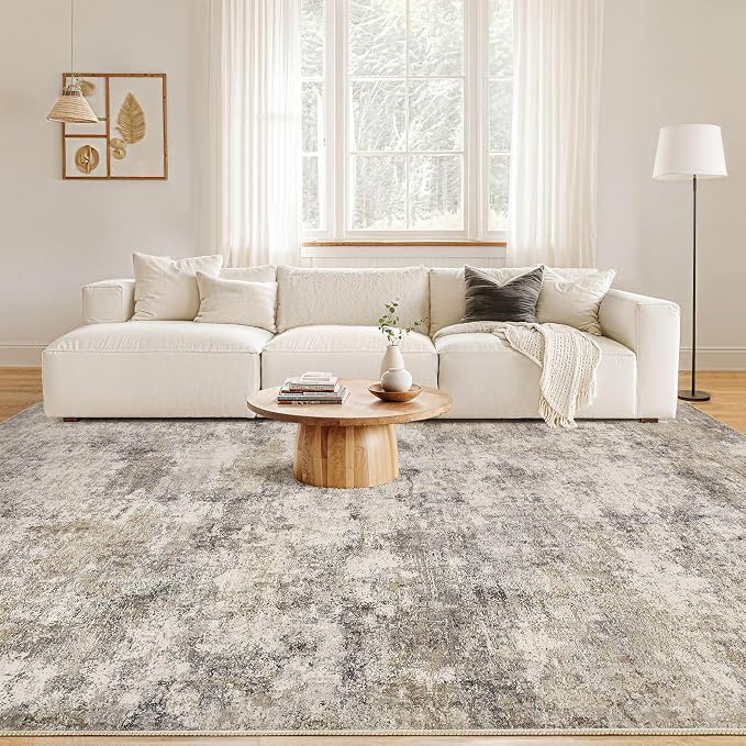 Nakagishi 9x12 Area Rugs Living Room: Washable Abstract Large Neutral Soft Rug Stain Resistant Modern Indoor Floor Non-Slip Carpet for Bedroom Nursery Kids Playroom Office Dining Room Dorm- Brown Grey