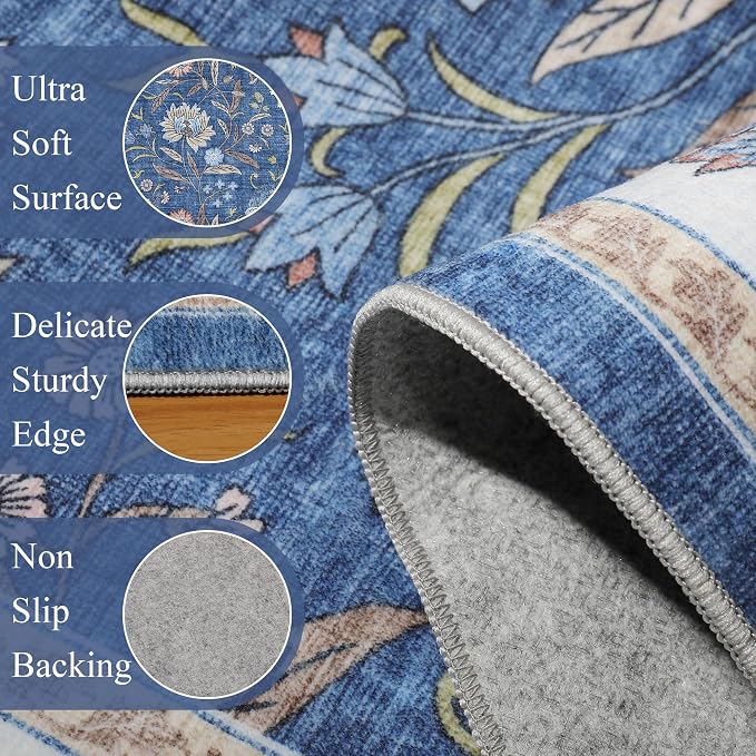DUKINO 2.6x8 Runner Rug, Washable Vintage Floral Kitchen Runners, Sky Blue | Non Slip, Low Pile, Non-Shedding Soft Carpet for Hallway Bathroom Laundry Entryway Bedroom Farmhouse, Kids and Pets Friendly
