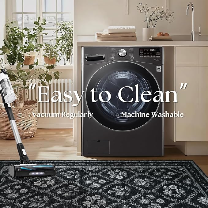 Black Floral 8x10 Area Rugs for Living Room, Black and White Bedroom Rug Boho Low-Pile Dining Room Washable Carpet 8x10, Vintage Soft Indoor Non-Slip Floor Carpet Nursery Kids Playroom