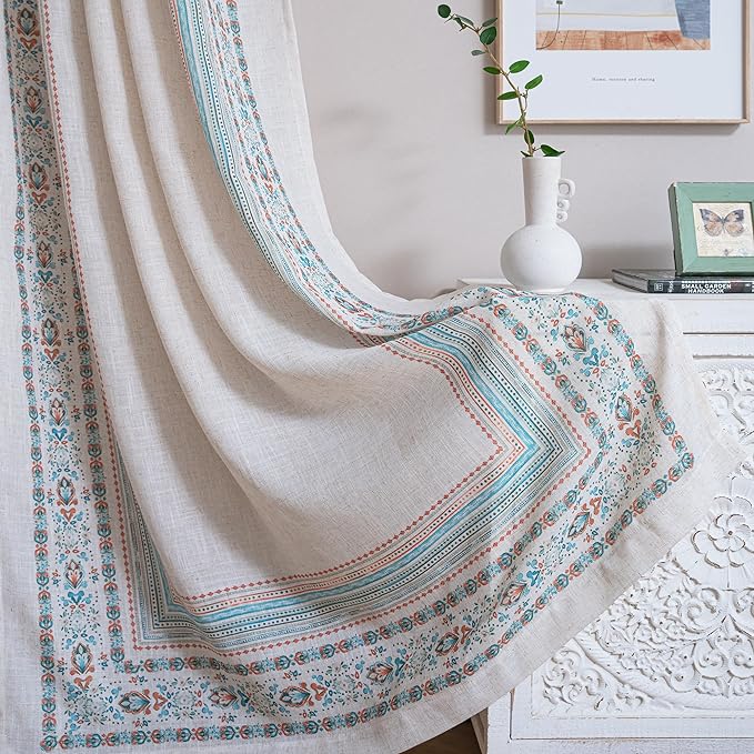 MYSKY HOME Boho Floral Curtains & Drapes 2 Panels - Semi Sheer Linen Blended Flower Curtains 95 Inches Long Light Filtering Privacy Protect Damask Pattern Decoration Texture Soft Touch Back Tab, Teal