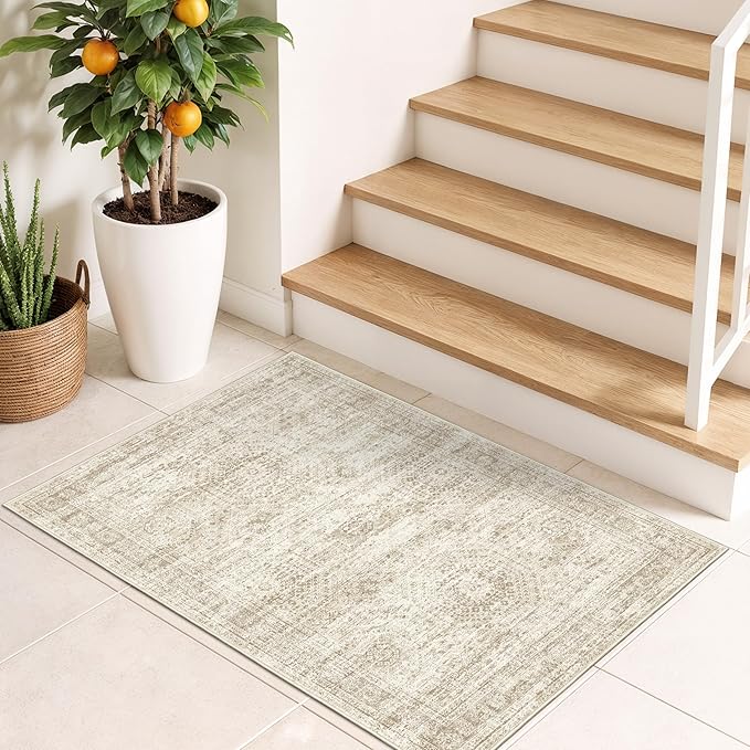 2x3 Rug Non Slip, Small Washable Entryway Rug,Beige | Welcome Mat,Runner for Kitchen,Front Door,Bathroom,Bedroom,Thin Area Rug,Soft Foldable Indoor Carpet,Stain Resistant
