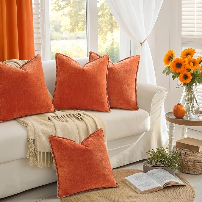 decorUhome Fall Soft Decorative Chenille Throw Pillow Covers 16x16 Set of 4 | Burnt Orange Decorative Modern Farmhouse Neutral Pillow Cases with Stitched Edge for Couch Sofa Bed Living Room Home Decor