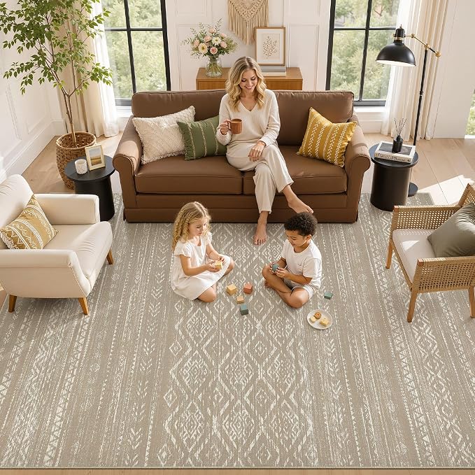Nakagishi Area Rug Living Room Rugs: 10x14 Large Soft Machine Washable Boho Moroccan FarmNeutral Stain Resistant Indoor Floor Carpet for Bedroom Under Dining Table Home Office Decor-Dark Brown