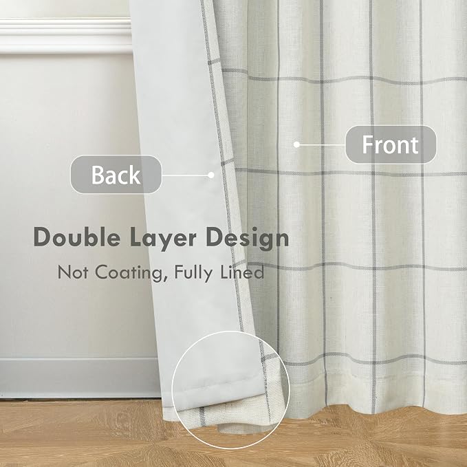 DriftAway 100% Blackout Plaid Linen Curtains 72 Inches Long 2 Panels Gray | 100% Blackout, Linen Texture, Plaid Pattern, Two Layers, Rod Pocket & Back Tab, Bedroom Living Room Use, Luxury Appearance
