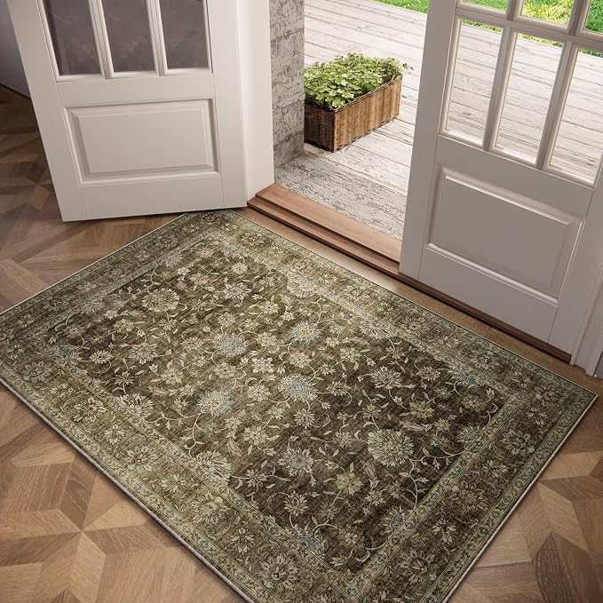Washable 2x3 Entryway Rug, Boho Vintage Non-Slip Door Mat, Tan/Flaxen | 0.3" Neutral Throw Small Rugs for Bedroom Kitchen Nursery Entrance, Cushioned for High-traffic Area