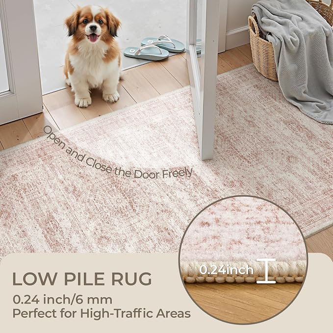 2x8 Runner Rug Non Slip,Washable Hallway Runner Rug,Pink | Neutral Rugs for Kitchen,Entryway,Bedroom,Bathroom,Nursery Room,Thin,Soft Runner Rug,Stain Resistant Indoor Carpet