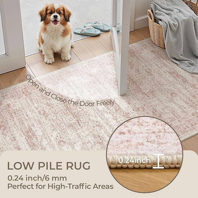 2x6 Runner Rug Non Slip,Washable Hallway Runner Rug,Pink | Neutral Rugs for Kitchen,Entryway,Bedroom,Bathroom,Nursery Room,Thin,Soft Runner Rug,Stain Resistant Indoor Carpet