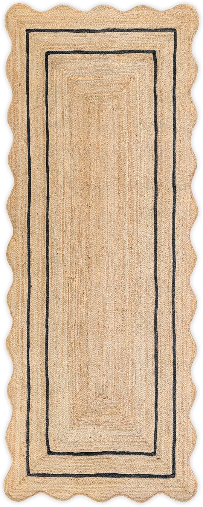 Wave Scalloped Natural Jute Rug Boho Jute Entryway Runner Farmhouse Scallop Rug, Black (2'x6')