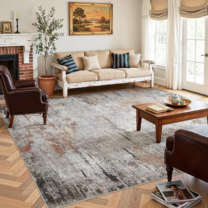 DMOYEST Area Rug Living Room Rugs - 9x12 Large Soft Indoor Neutral Modern Abstract Low Pile Washable Rug Carpet for Bedroom Dining Room Farmhouse Home Office - Grey Rust