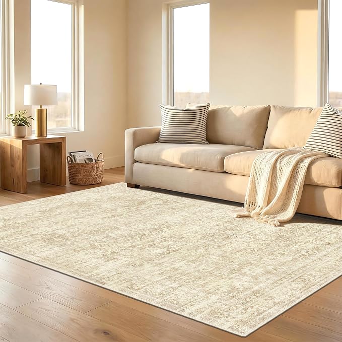 Beige 5x7 Area Rugs, Neutral Vintage Boho Carpet for Bedroom | for Living Room and Dining Room, Washable Low Pile Nursery Area Rug with Non-Slip Silicone Backing, Non-Shedding, Thin