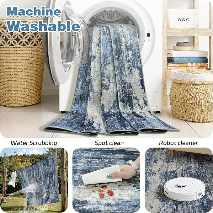 10x14 Area Rugs Living Room Rug Modern Abstract Neutral Washable Rugs Non Slip Soft Carpet Large Area Rug Low Pile Stain Resistant Non Shedding for Bedroom Nursery Dining Room Home Office Navy Blue