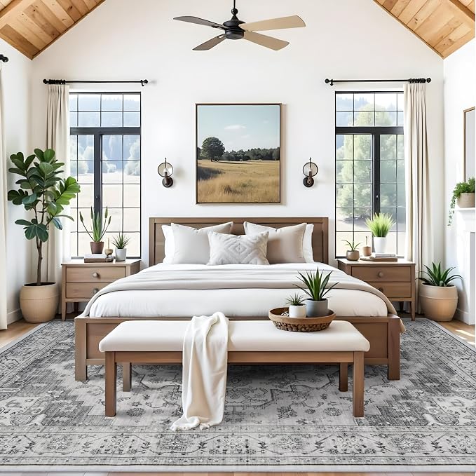 Living Room 9x12 Area Rugs - Large Boho Rugs for Bedroom Stain Resistant Carpet Vintage Tribal Rugs for Kitchen Bathroom with Non Slip Backing Home Decor Floor Decoration Mat 9x12 Grey/White