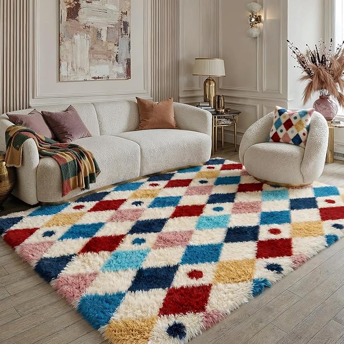 PureCozy Checkered Rug 4x6 Fluffy Shag Living Room Colorful Area Rug Modern Washable Carpet Soft Shaggy Non Slip Indoor Plush Fuzzy Rugs for Bedroom Dorm Office Home Aesthetic Decor