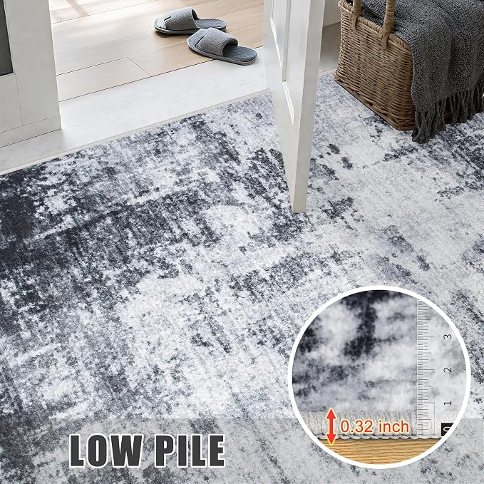 Washable Area Rug 3x8 Entryway Rug: Washable Modern Abstract Soft Thin Rug Indoor Floor No Slip Stain Resistant Carpet for Bedroom Dining Room Farmhouse Nursery Home Office - Dark Black