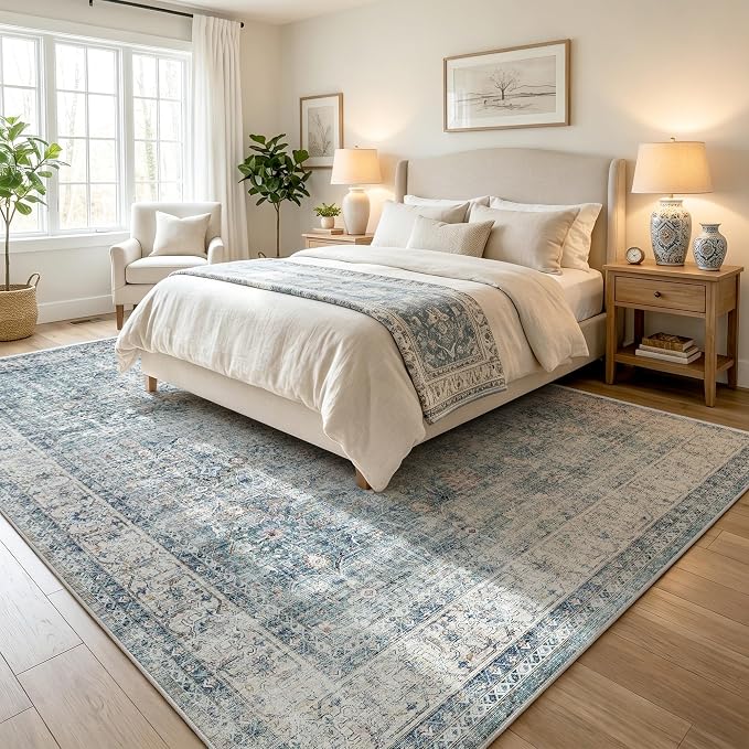 Beauoop 6x9 Washable Blue Neutral Vintage Oriental Area Rug for Living Room | Distressed Retro Traditional Pattern Non Slip Low Pile Soft Indoor Large Carpet Dusty Blue Bedroom Dining Room Office Nursery