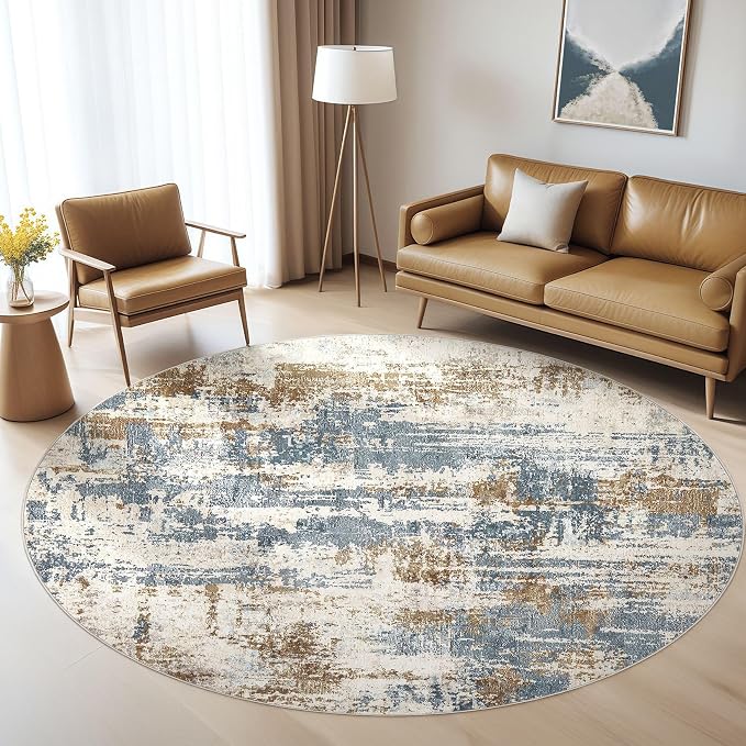 7ft Round Rug Living Room Rugs: 7x7 Washable Circle Large Abstract Modern Soft Stain Resistant Non Slip Indoor Floor Carpet for Bedroom Nursery Office Dining Room Dorm Home House- Tan Blue