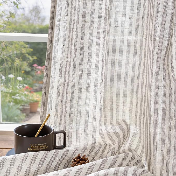 jinchan Linen Curtains 84 Inch Taupe Grey Stripe on Beige Grommet 2 Panels | Curtains for Living Room Bedroom,Ticking Stripe Pattern,Farmhouse Cottage Core Rustic, Window Treatment,Light Filtering