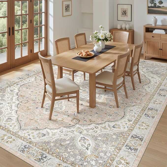 befbee Washable Rug 8x10 Area Rugs for Living Room - Stain Resistant Non-Slip Backing Rugs for Bedroom - Vintage Large Area Rug (Peach/Gray, 8'x10')