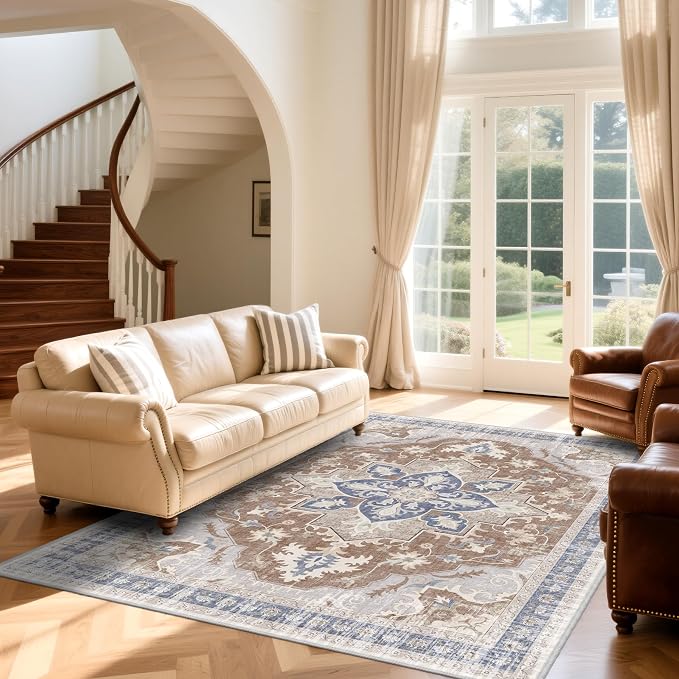 6x9 Area Rugs for Living Room, Soft Non-Slip Vintage Medallion Rug, Low-Pile Printed Washable Rug Carpet for Living Room, Bedroom, Dining Room -Camel