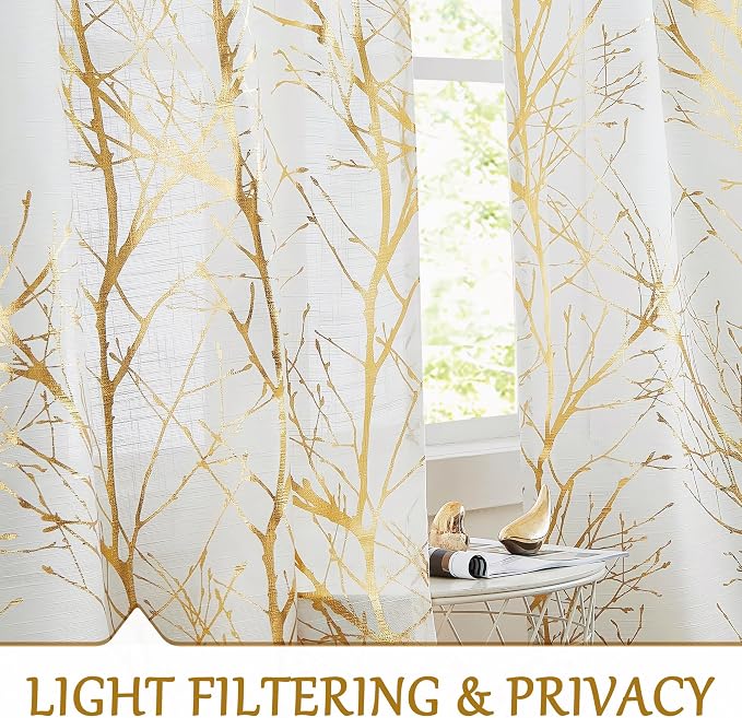 FMFUNCTEX Linen Gold White Semi Sheer Print Curtains 54 Inch Long 2 Panels | Metallic Branch Sheer Patterned Drapes, Light Filtering Grommet Panels for Modern Farmhouse Bedroom and Living Room Style
