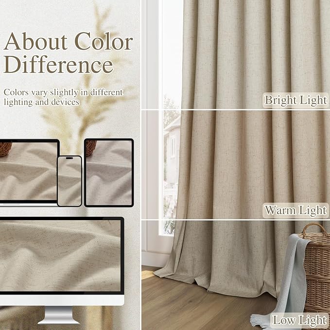 Guken 100% Blackout Linen Curtains for Bedroom 90 inches Long, Thermal Insulated Room Darkening Black Out Window Drapes for Living Room, Back Tab Rod Pocket 2 Panels Set,Stone Beige,52x90