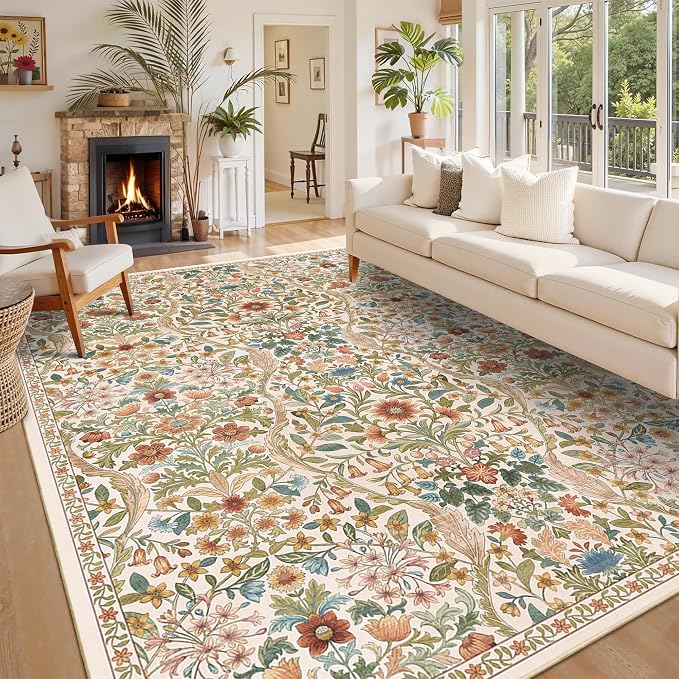 9x12 Beige Vintage Floral Area Rug,Washable Large Boho Living Room Rugs,Botanical Print Non-Slip Stain Resistant Lightweight Carpet for Bedroom Dining Room Nursery