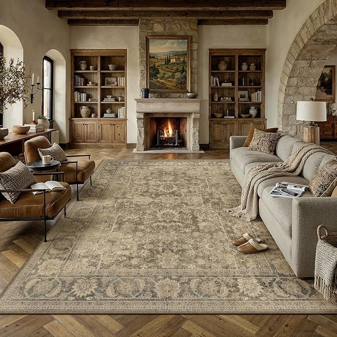 PureCozy 8x10 Brown Living Room Area Rug Vintage Washable Non Slip Indoor Carpet Distressed Low Pile Soft Retro Accent Throw Large Rug for Bedroom Dining Room Office