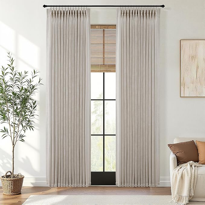 Pinch Pleated Linen Curtains 96 Inches Long 2 Panels for Living Room Bedroom Light Filtering Curtain Memory Shape Trained Pinch Pleat Thick Linen Drapes Back Tab with Hooks Clip Rings Taupe
