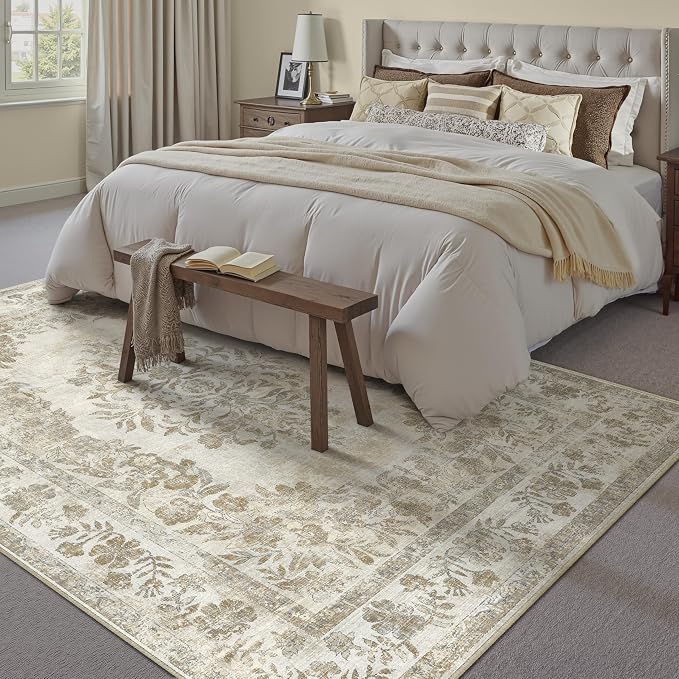 PureCozy 8x10 Area Rug Beige Washable Vintage Distressed Living Room Carpet Large Bedroom Indoor Medallion Floral Non Slip Retro Throw Floor Mat for Office Dining Room Kitchen Bathroom