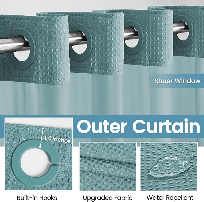 EUTXL Heavyweight Teal Long No Hook Shower Curtain with Snap in Liner,256GSM Waffle Weave Shower Curtains for Bathroom,71W x 86H