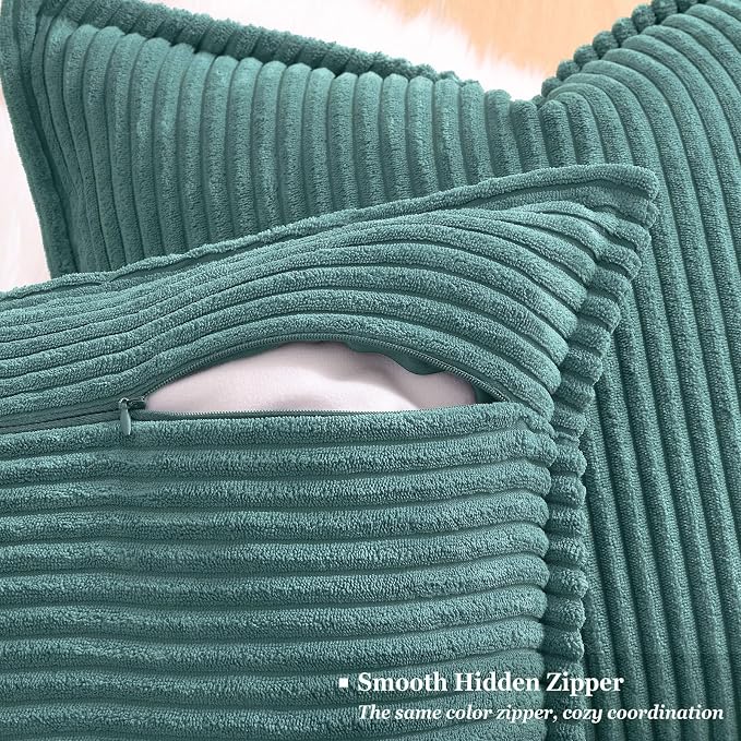 decorUhome Fall Corduroy Turquoise Throw Pillow Covers 18x18 Set of 2 | Couch Decorative Soft Modern Boho Farmhouse Pillow Covers Broadside Striped Pillow Cases for Living Room Bed Sofa
