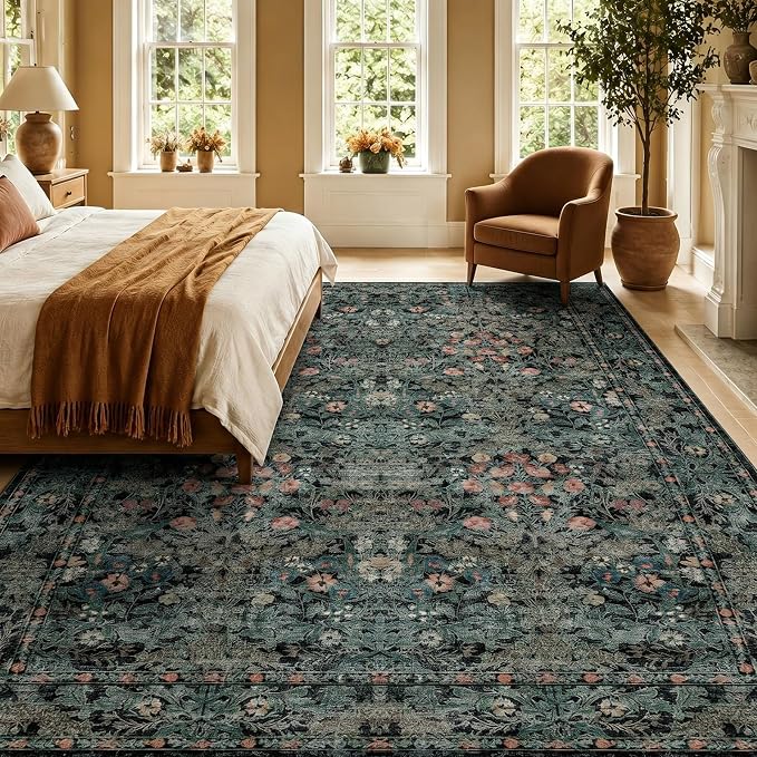 Boho Dark Green Floral Area Rug 8x10 for Living Room, Washable Farmhouse Moody Rug for Bedroom, Dining Room Under Table, Cottage Core Distressed Low Pile Non Slip Carpet, Soft Large Mat