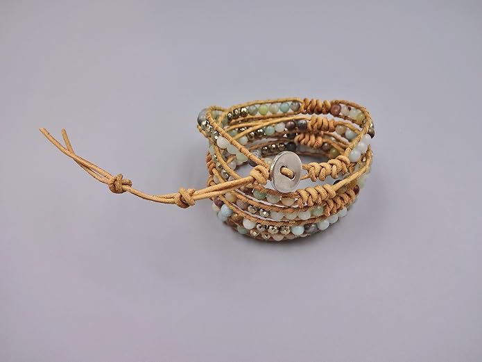 MGR MY GEMS ROCK! 35-Inch Long Multi-Layer Hand Crafted Gemstone and Crystal Multi-Stone Beaded on Genuine Leather Boho Style Stackable Super Wrap Bracelet, up to 5 Wraps.