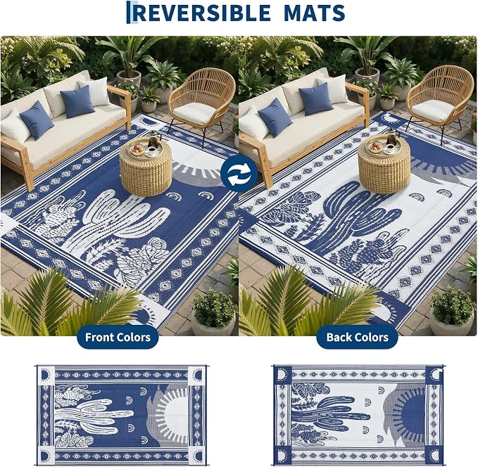 Garvee Waterproof Outdoor Rug 5x8, Cactus Botanical Outdoor Plastic Straw Rug for Camping, Reversible RV Mat Outside, Indoor Outdoor Carpet for Porch, Deck, Backyard, Balcony, Picnic, Navy & White