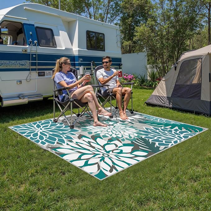 Colorful 4x6 Outdoor Area Rug Washable Rugs Multicolored Patio Rug Tropical Botanical Floral Chenille Outdoor Carpet Non Slip for RV, Pool Deck, Backyard, Porch, Teal