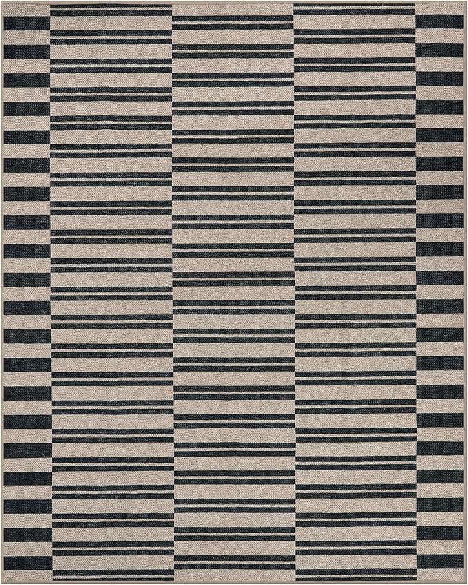Lahome Striped Easy Jute Living Room Rug, 8x10 Outdoor Patio Rugs Washable | Black Indoor Dining Room Area Rug, Modern Farmhouse Geometric Non Slip Non Shedding Carpet for Deck Office Backyard Mudroom