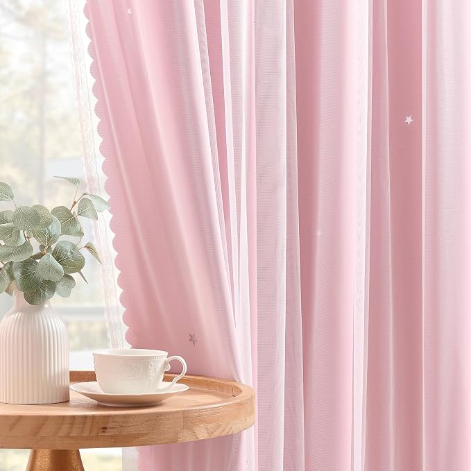 XiDi Star Blackout Curtains for Bedroom 72 Inch Length 2 Panels Pink Curtains with Sheer Overlay for Girls Kids Privacy Thermal Insulated Rod Pocket Window Curtains for Patio French Door W34 x L72