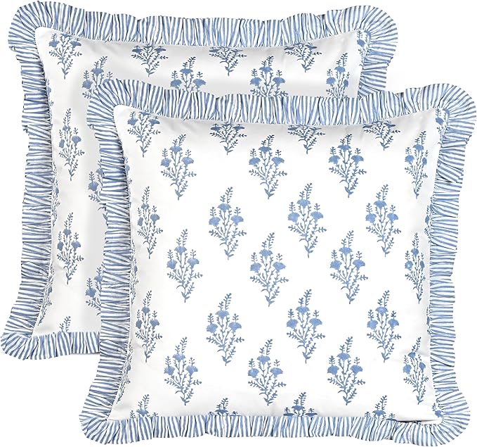 Ridhi Coastal Blue Block Print Ruffle Throw Pillow Cover 20" x 20" (Pack of 2) Decorative Cushion Covers with Ruffle for Couch, Sofa, Bed, Living Room, Home Decor Gift for Spring, Mother's Day