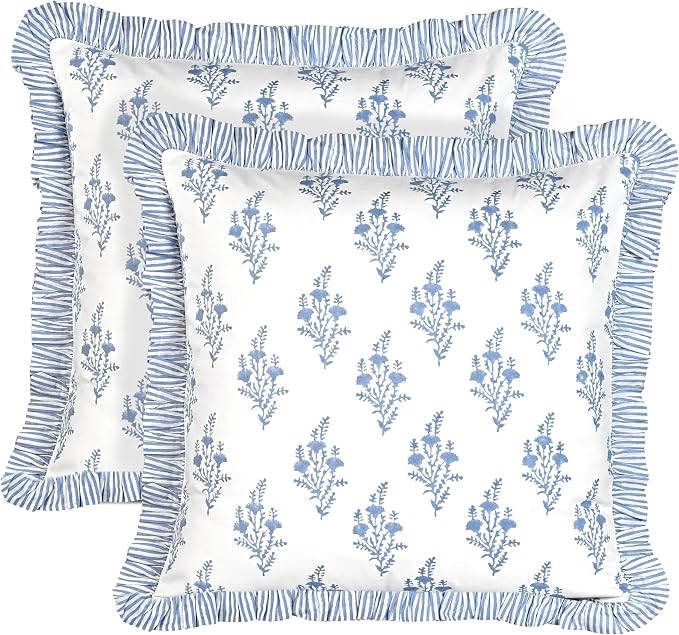 Ridhi Coastal Blue Block Print Ruffle Throw Pillow Cover 24" x 24" (Pack of 2) Decorative Cushion Covers with Ruffle for Couch, Sofa, Bed, Living Room, Home Decor Gift for Spring, Mother's Day