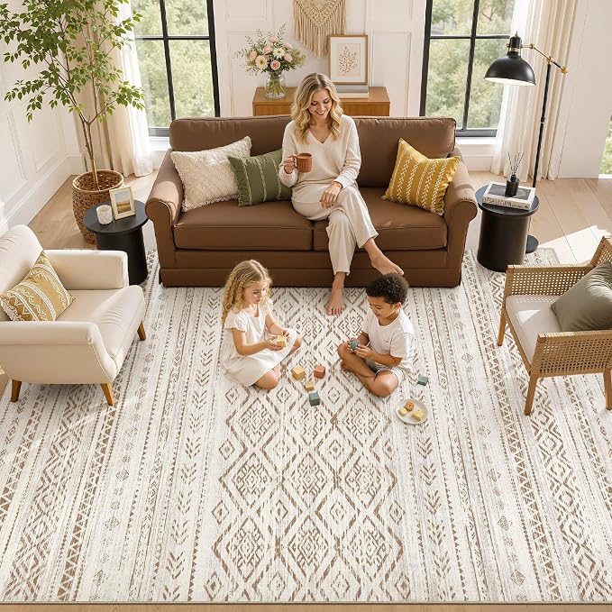Nakagishi Area Rug Living Room Rugs: 5x7 Large Soft Machine Washable Boho Moroccan FarmNeutral Stain Resistant Indoor Floor Carpet for Bedroom Under Dining Table Home Office Decor-Brown