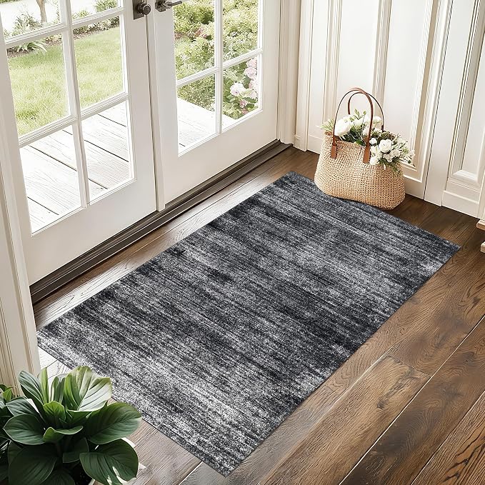BILEEHOME 2x3 Entryway Rug Small Abstract Black Area Rugs Non Slip Washable | Minimalist Neutral Modern, Low Pile Soft Carpet, for Bedside Bathroom Kitchen, Hardwood Floor Protector, Rubber Backing